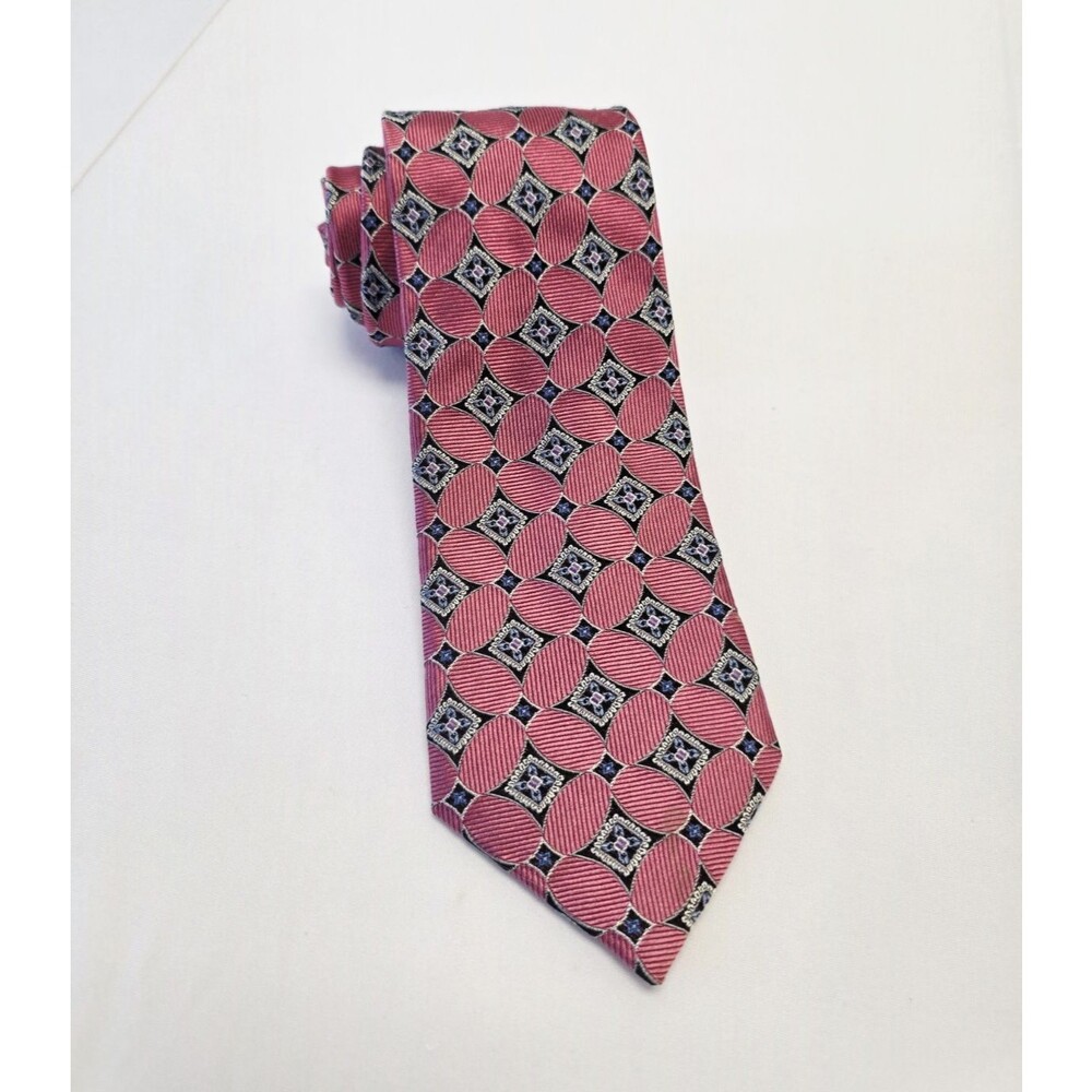 JZ Richards 100% Silk Woven Geometric Tie Pink Black Blue White